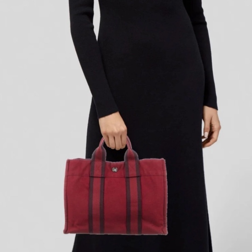 HERMES FALL RED BURGUNDY CANVAS CLOTH TOTE BAG FOURRE TOUT PURSE